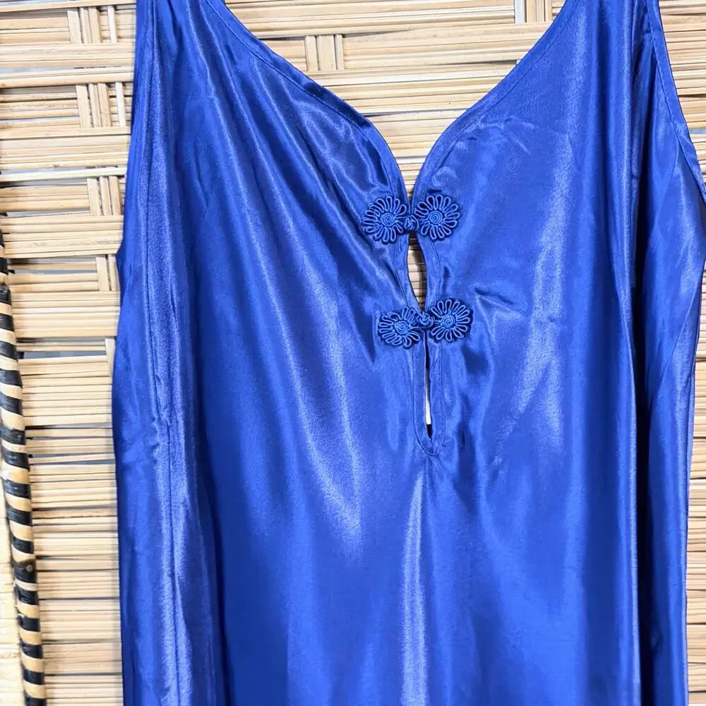 Vintage California dynasty royal blue satin long slip night gown frog button M